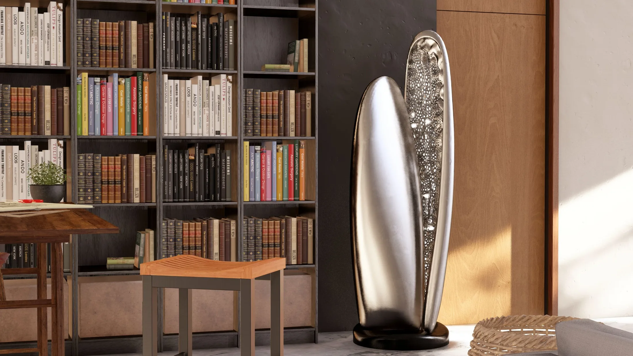 Tall silver floor lamp with differential-growth textured core in a bright modern interior