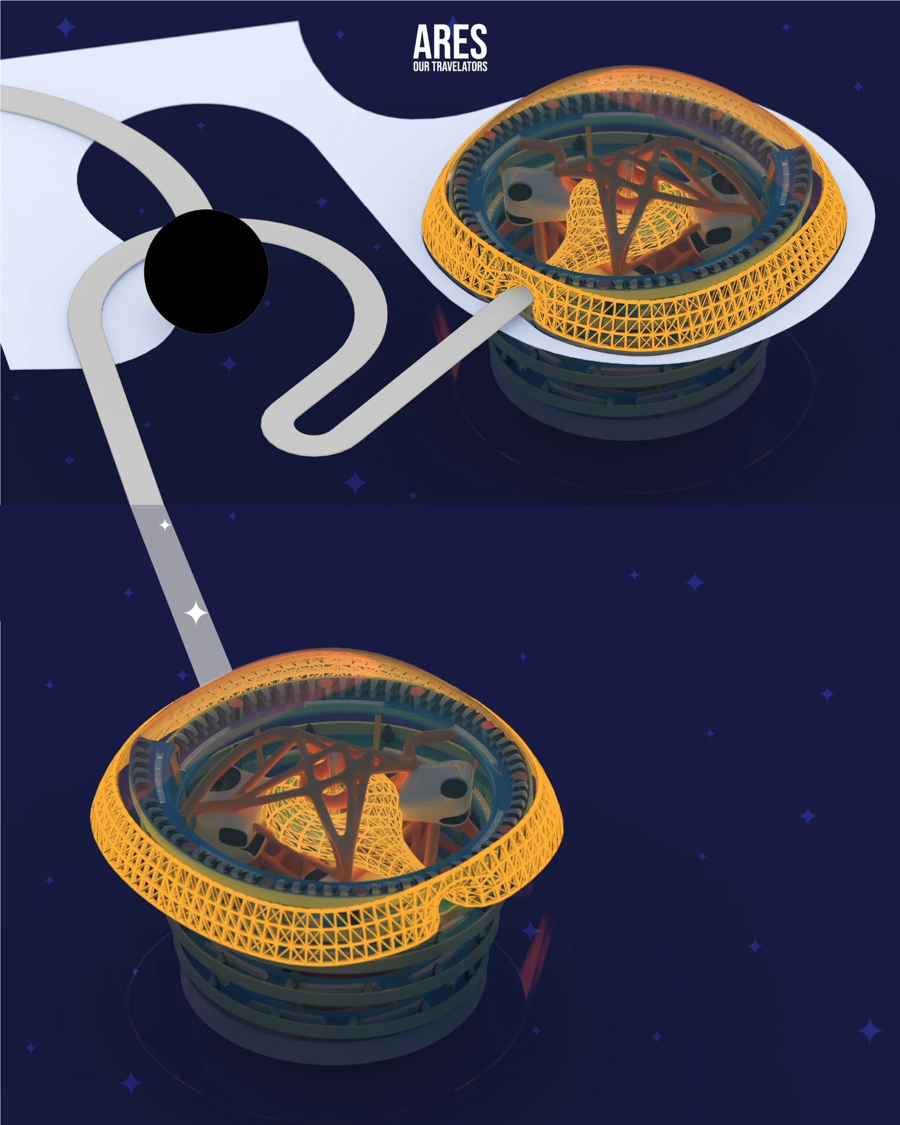 Perspective view of connected habitat pods