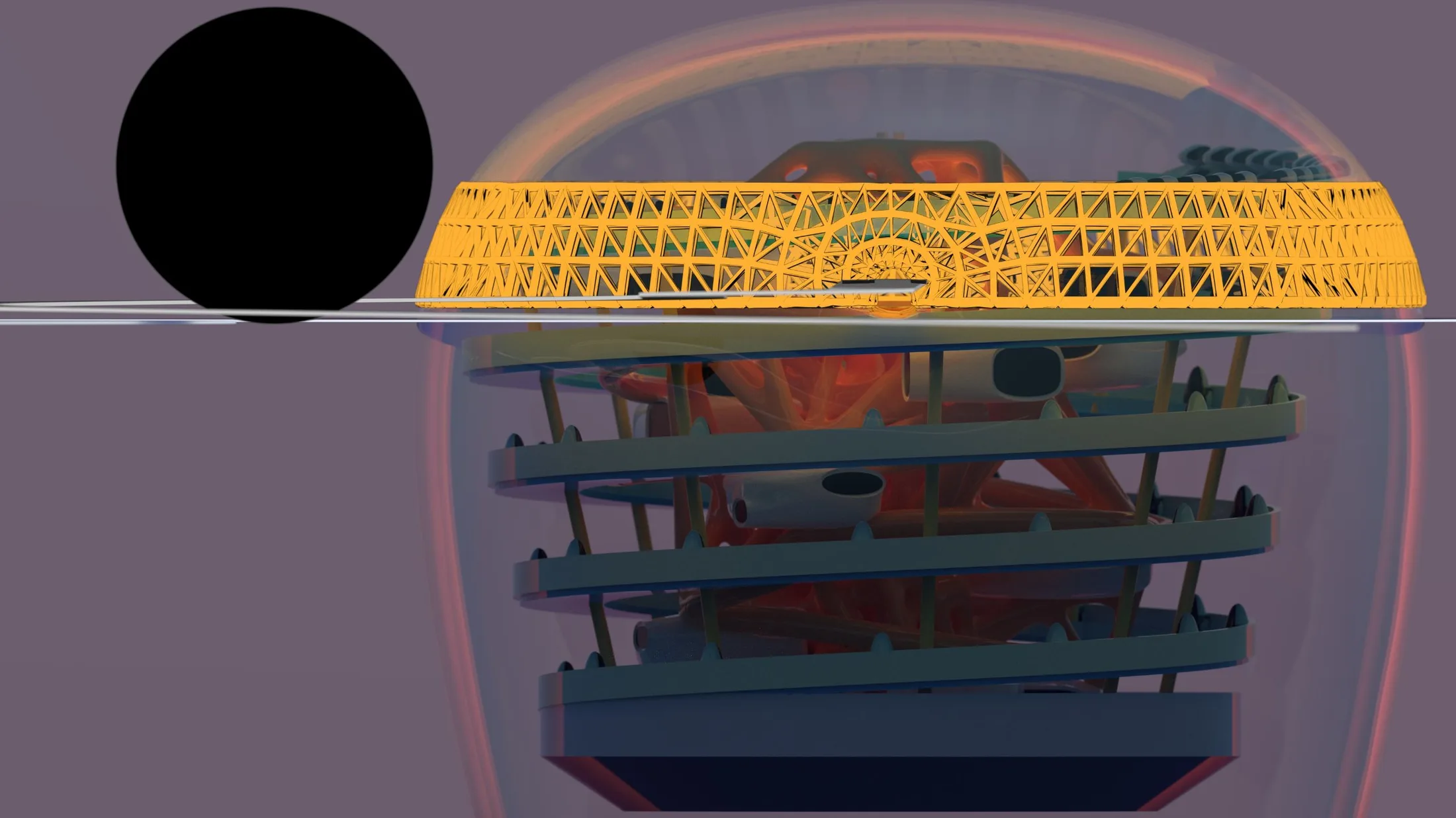 Side profile exterior render with glowing dome