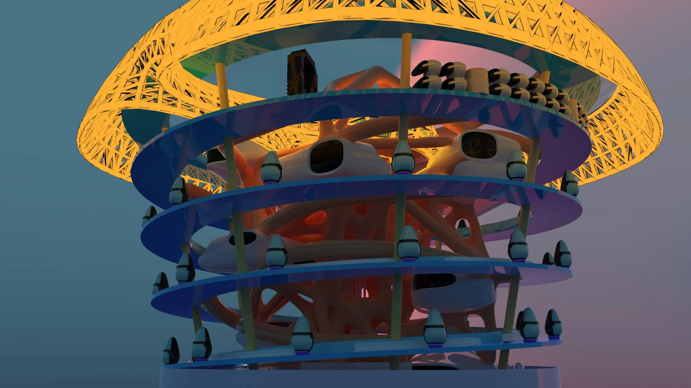 Low-angle exterior render looking up at structure