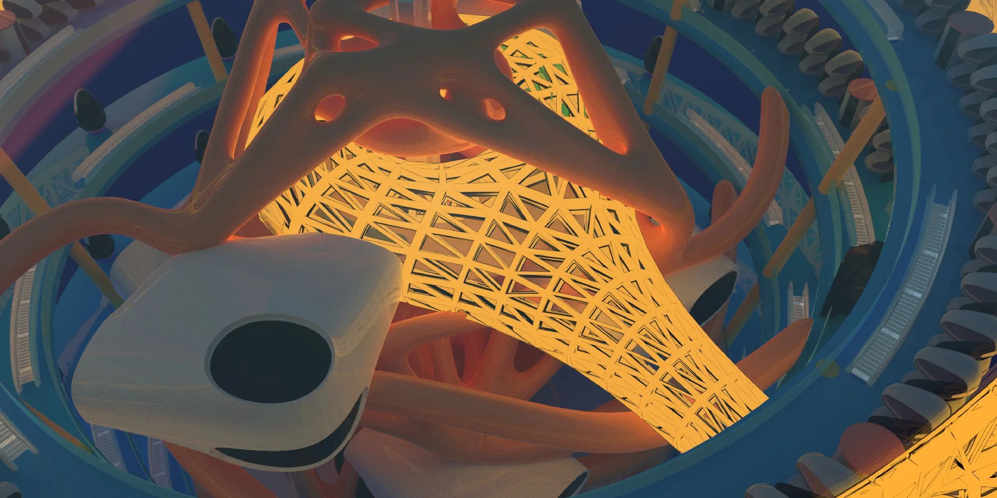Interior render of the Ares habitat showing glowing orange lattice structure and blue circulation rings