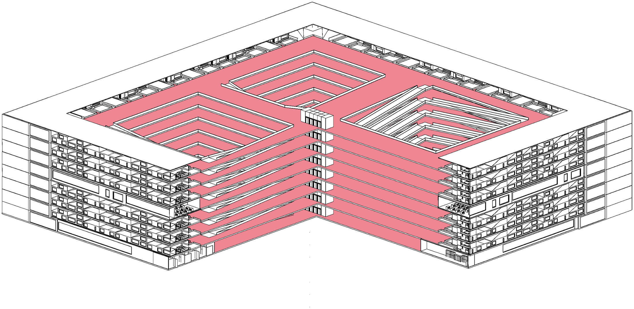 L-shaped corner axonometric showing structure and floors