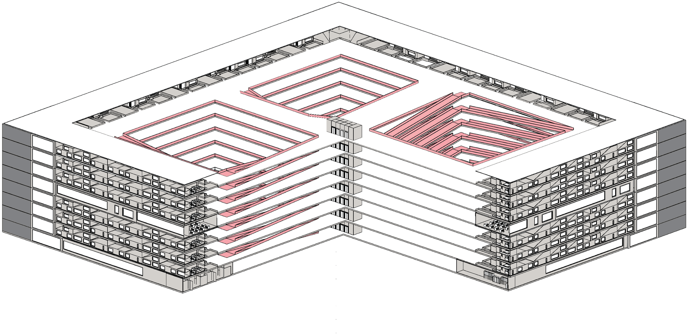 L-shaped corner axonometric with facade openings