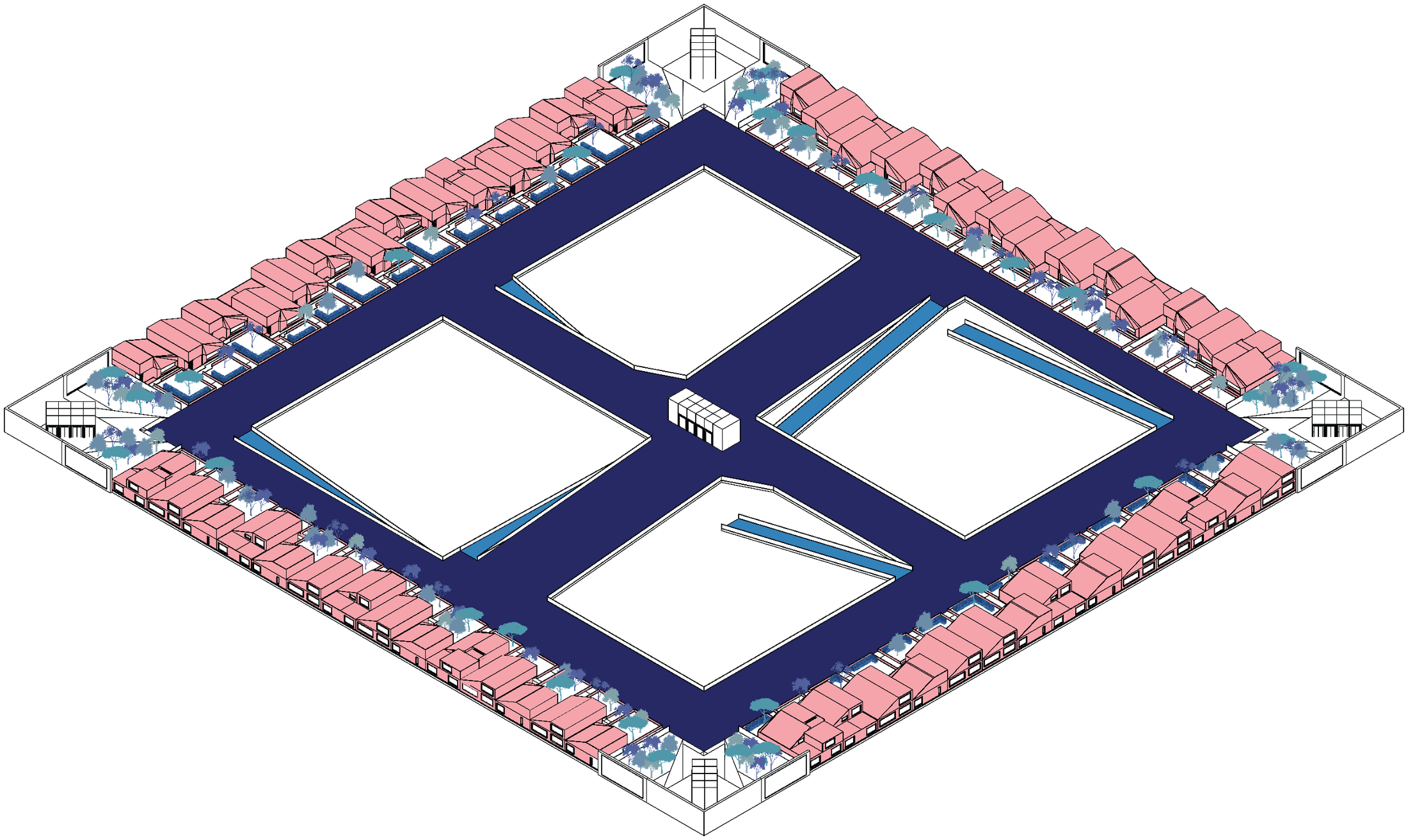 Top-down axonometric of square bunker plan