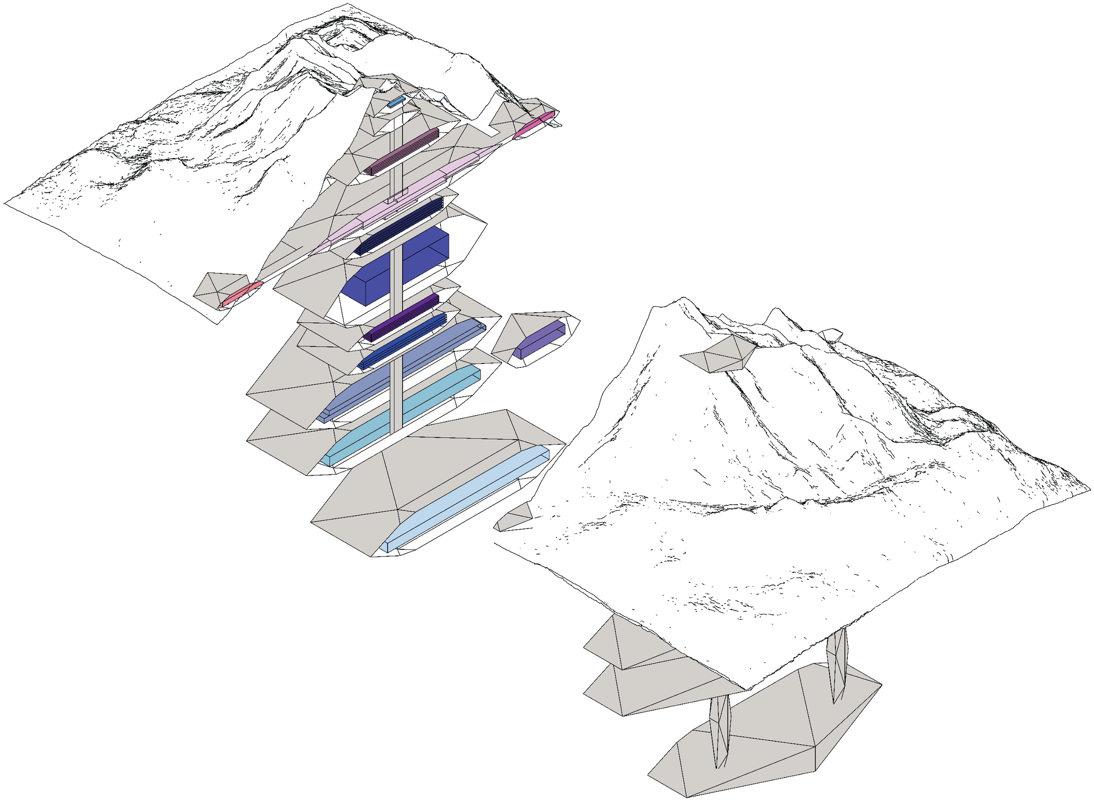 Exploded axonometric of the subterranean bunker cut into mountain terrain