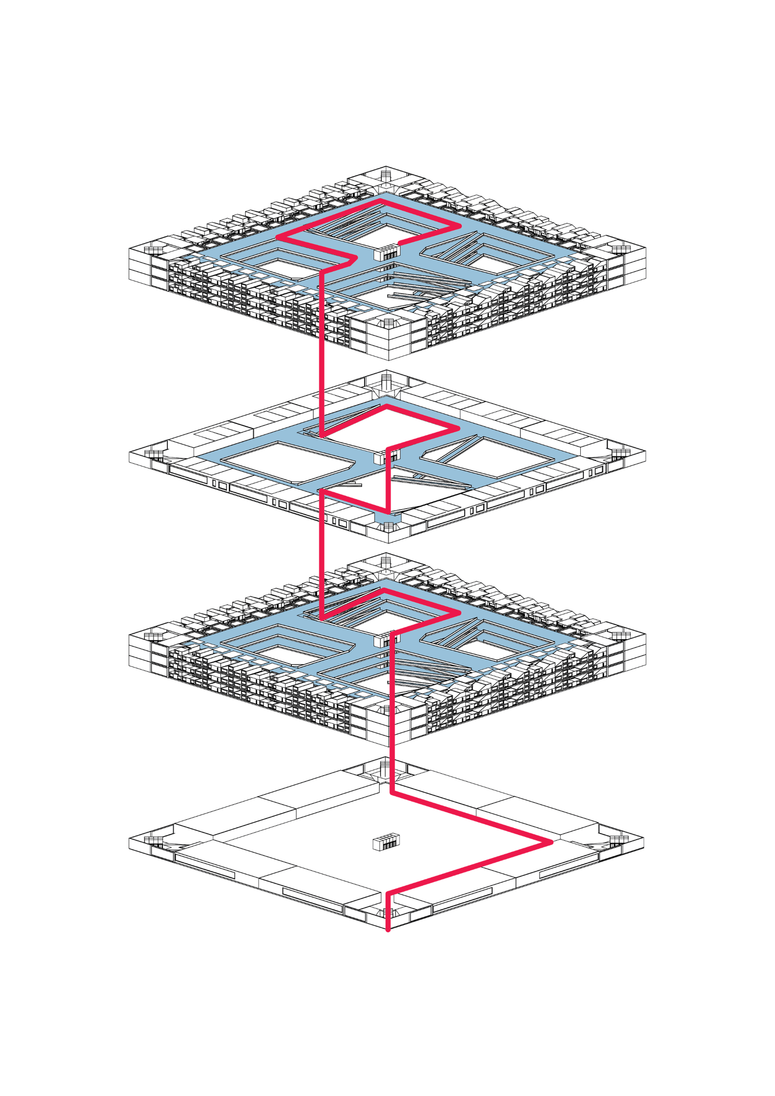 Exploded structural frame with red circulation path