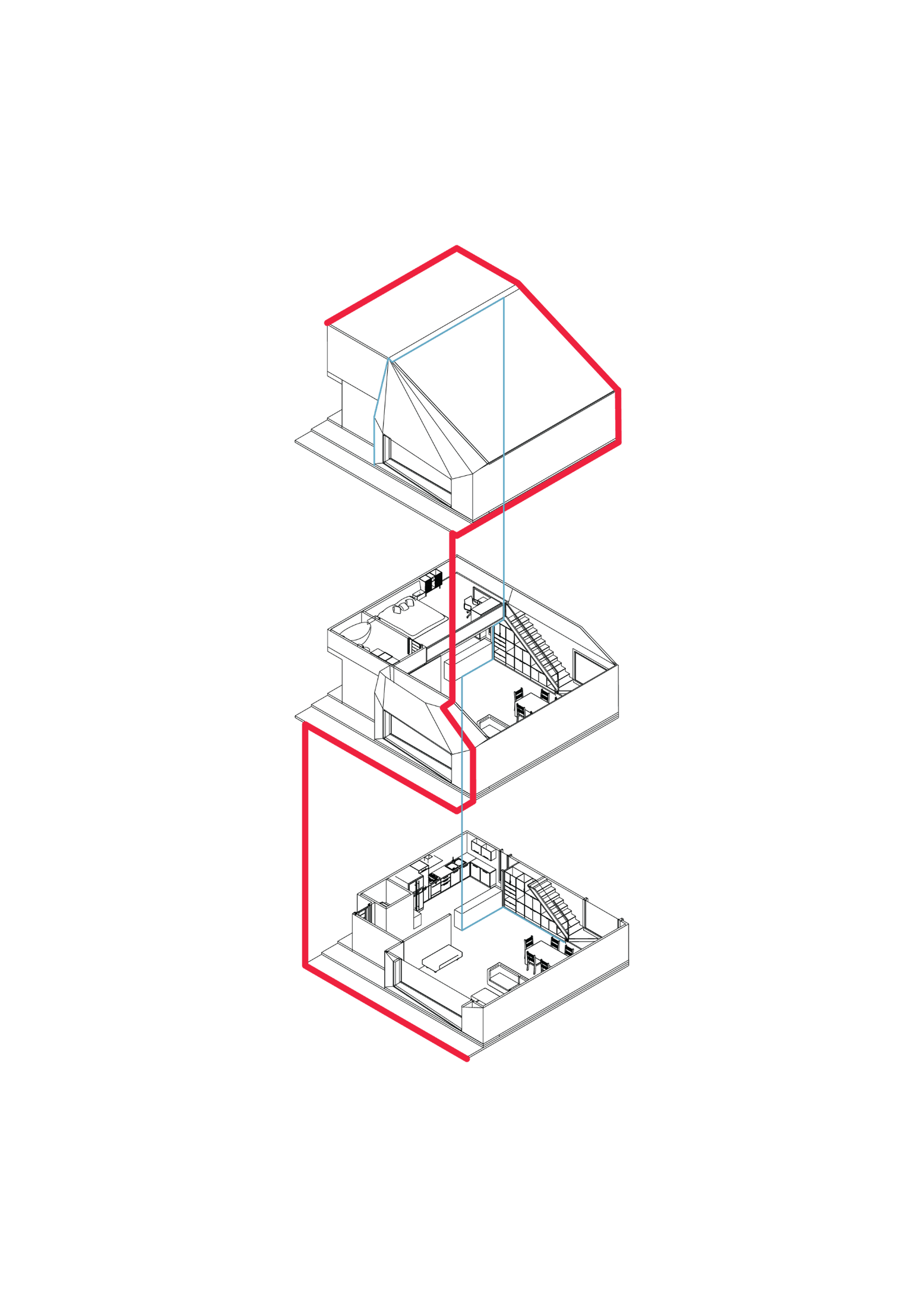 Red zigzag circulation through building levels