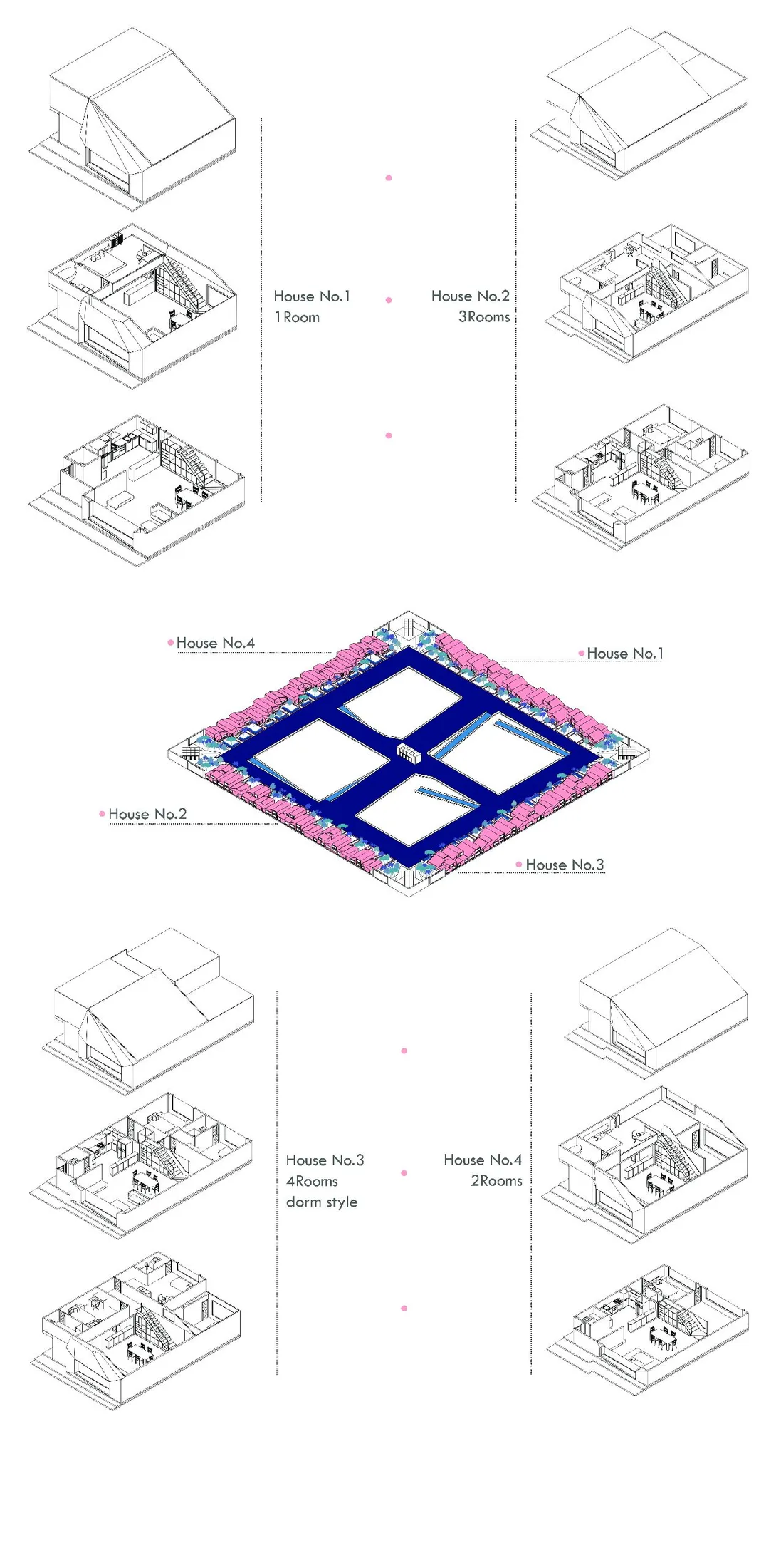 Presentation sheet with unit axonometrics and floor plan