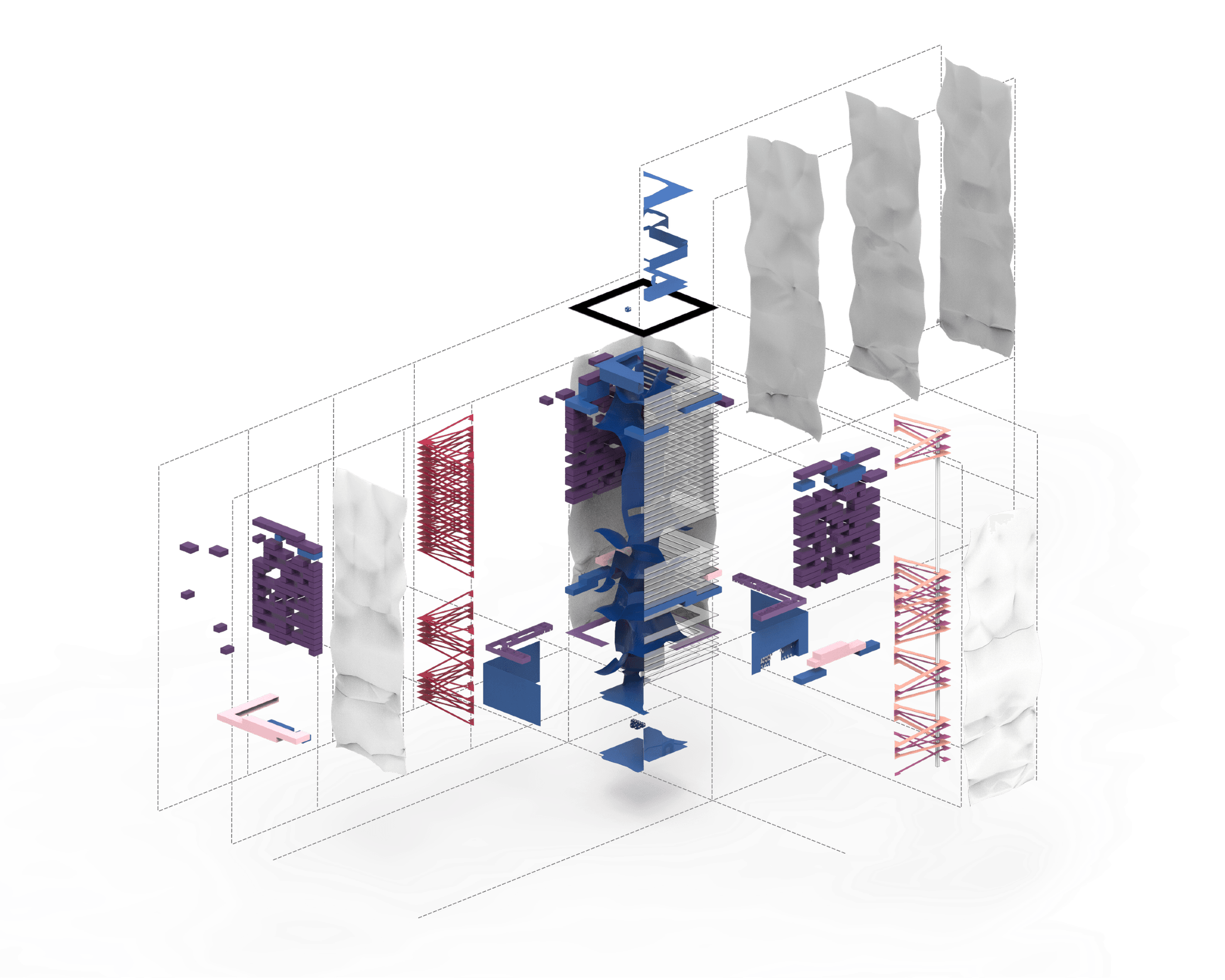 Exploded axonometric of hotel layers, structure, and modules