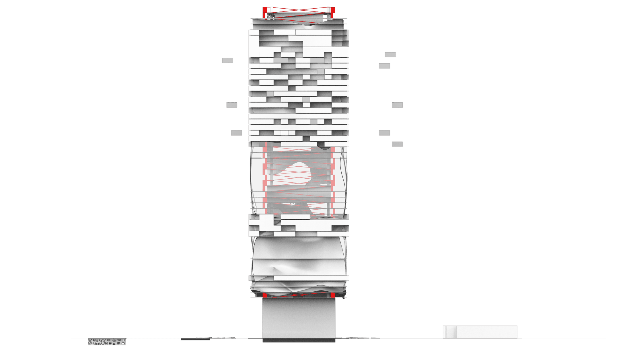 Elevation with red structural accents