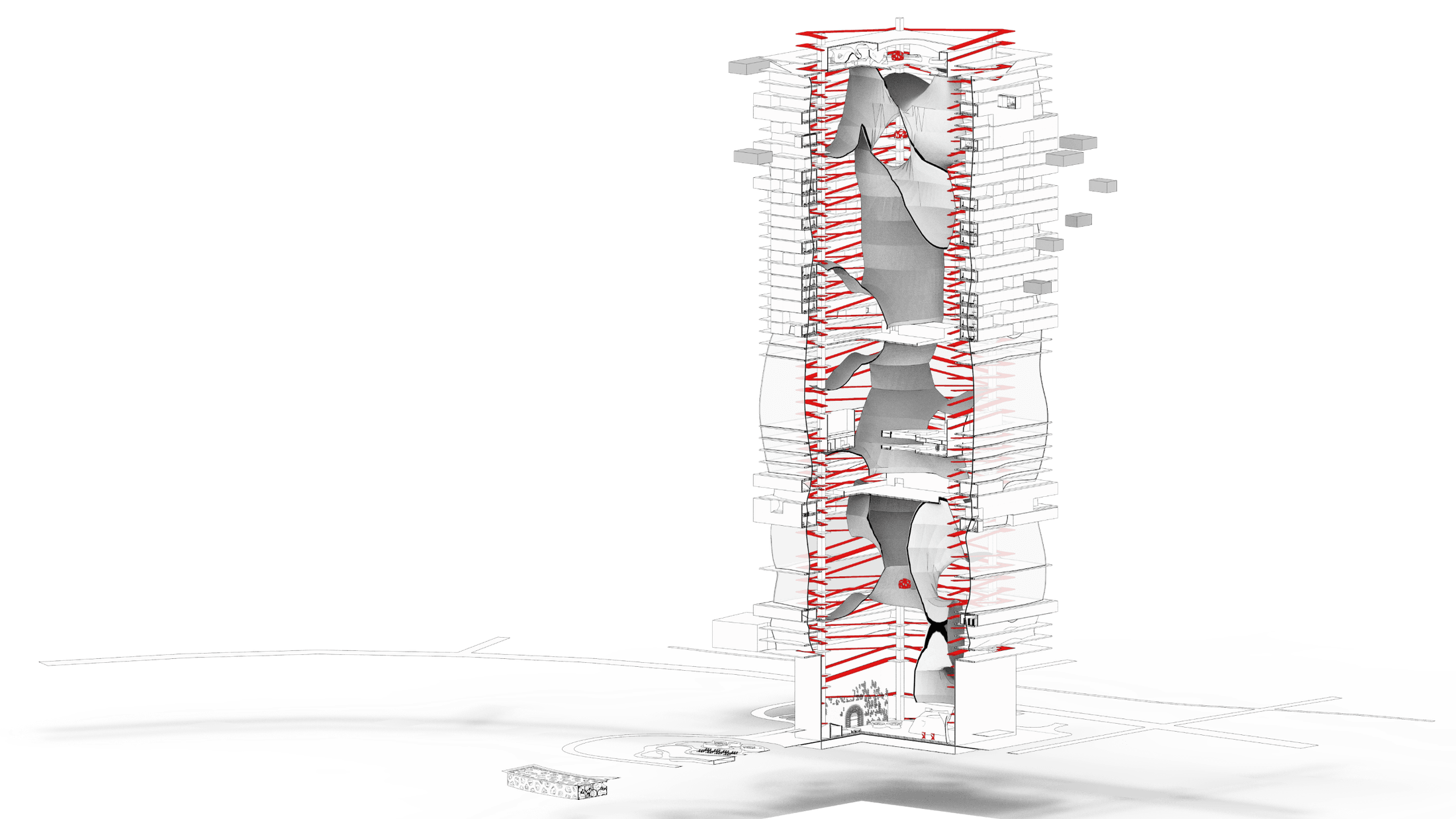 Sectional axonometric highlighting central void and red structure