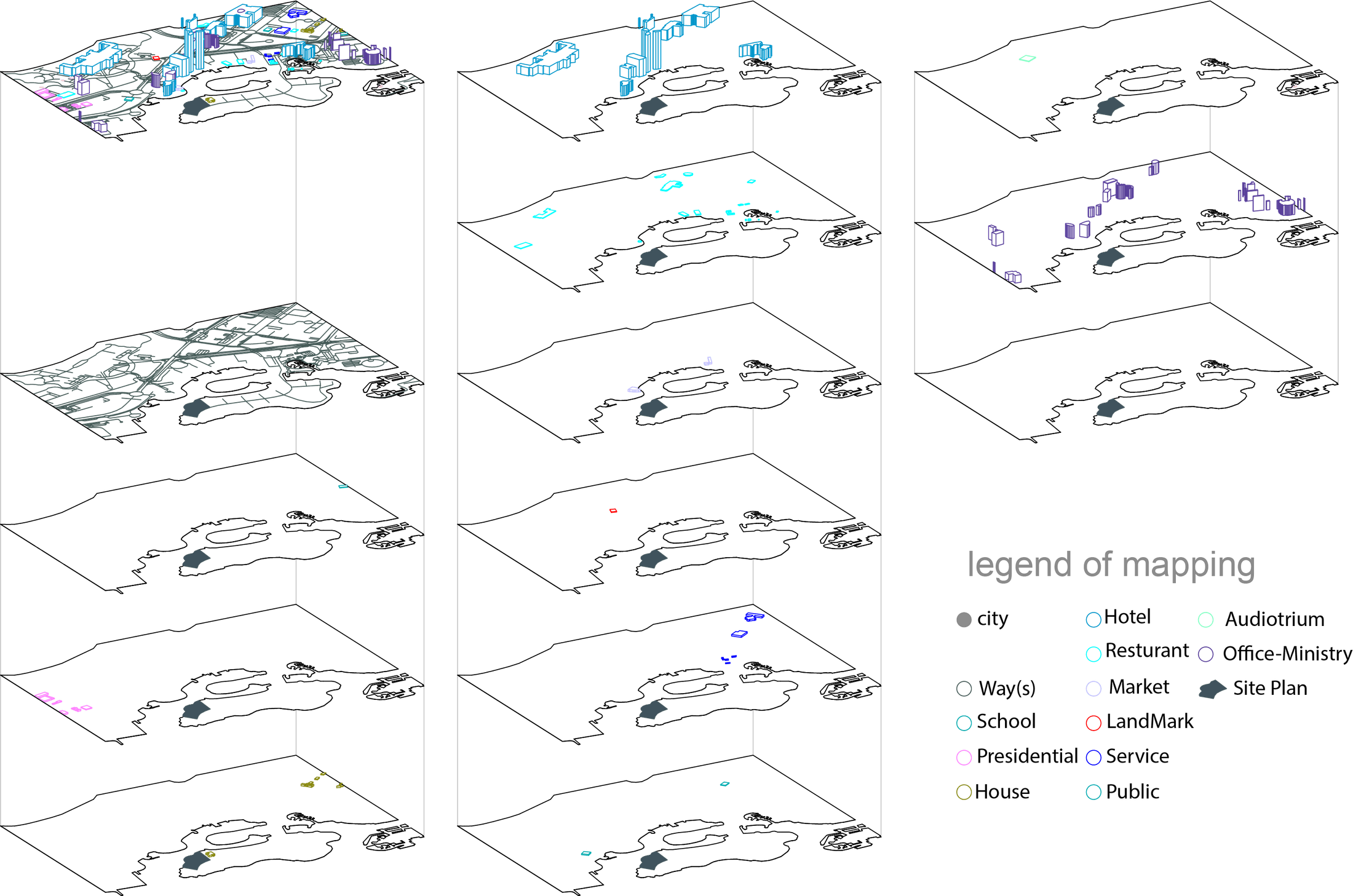 Layered axonometric site analysis diagrams on black background