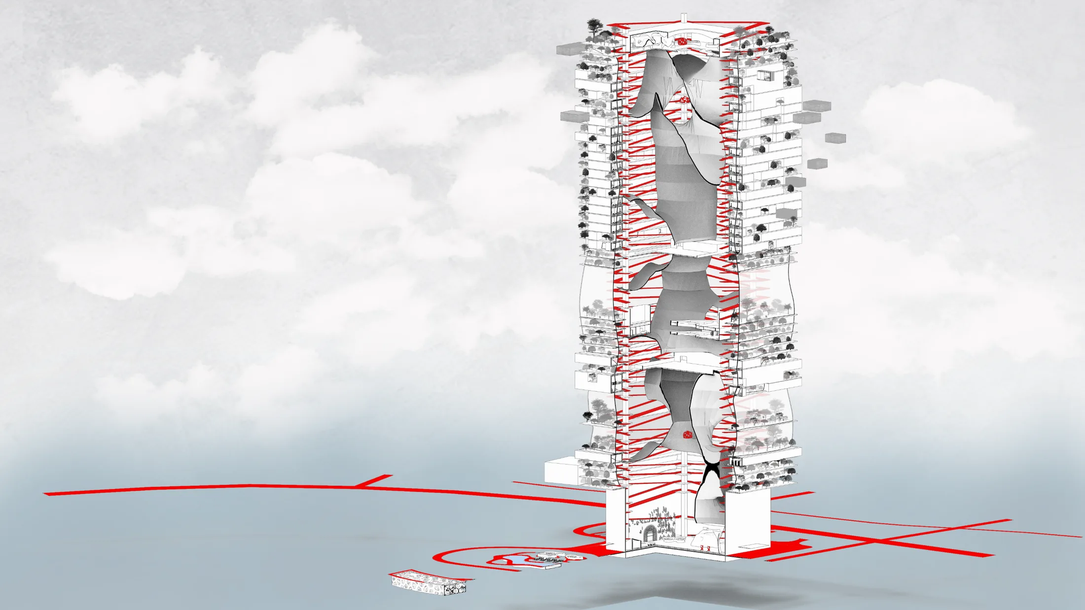 Cutaway sectional axonometric of the hotel tower