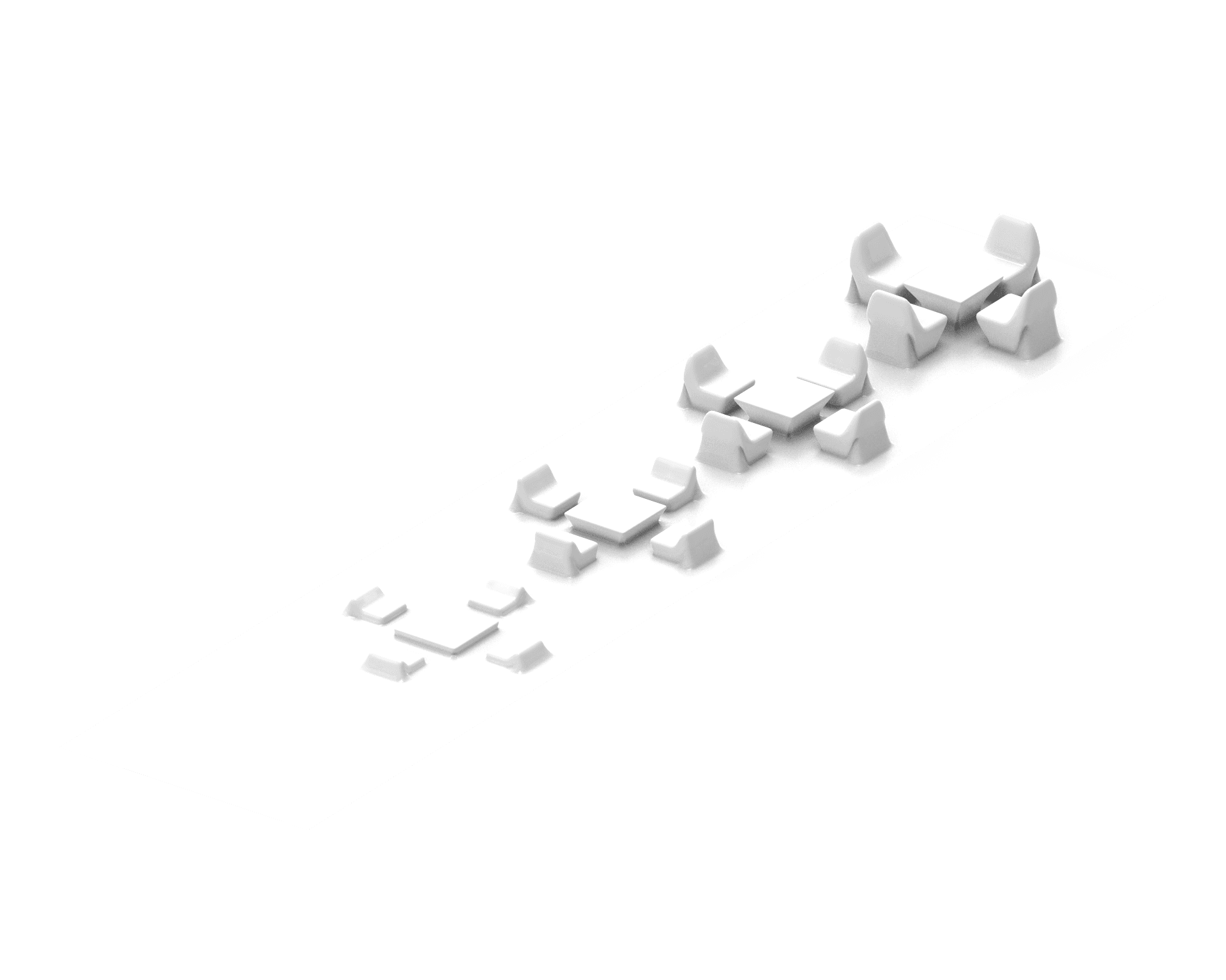 Row of dining table and chair sets