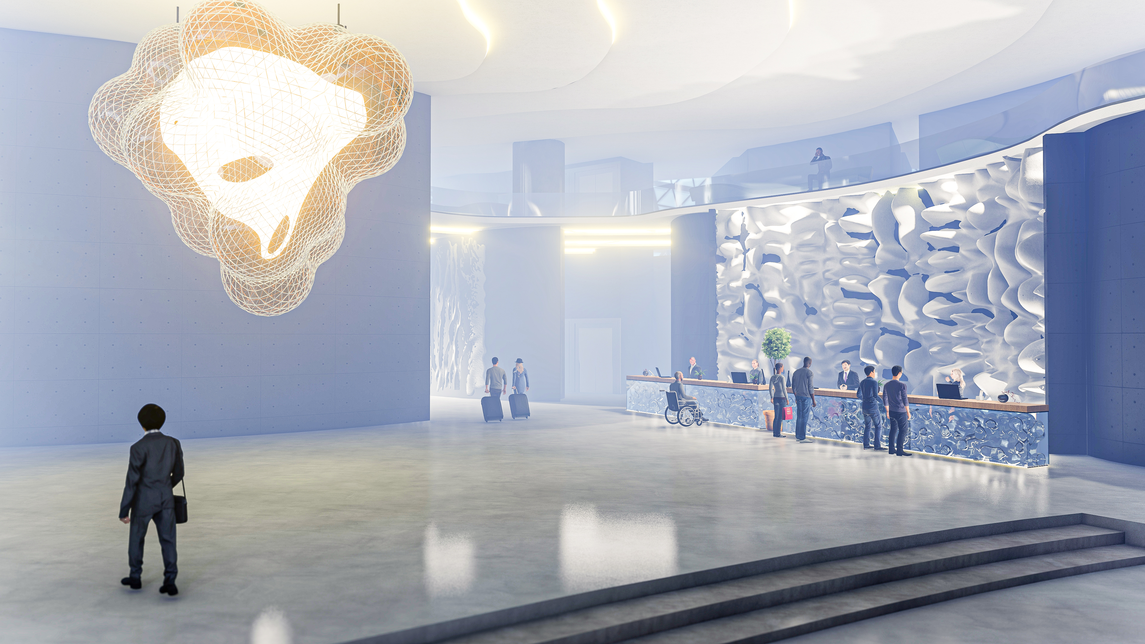 Interior render of hotel lobby reception
