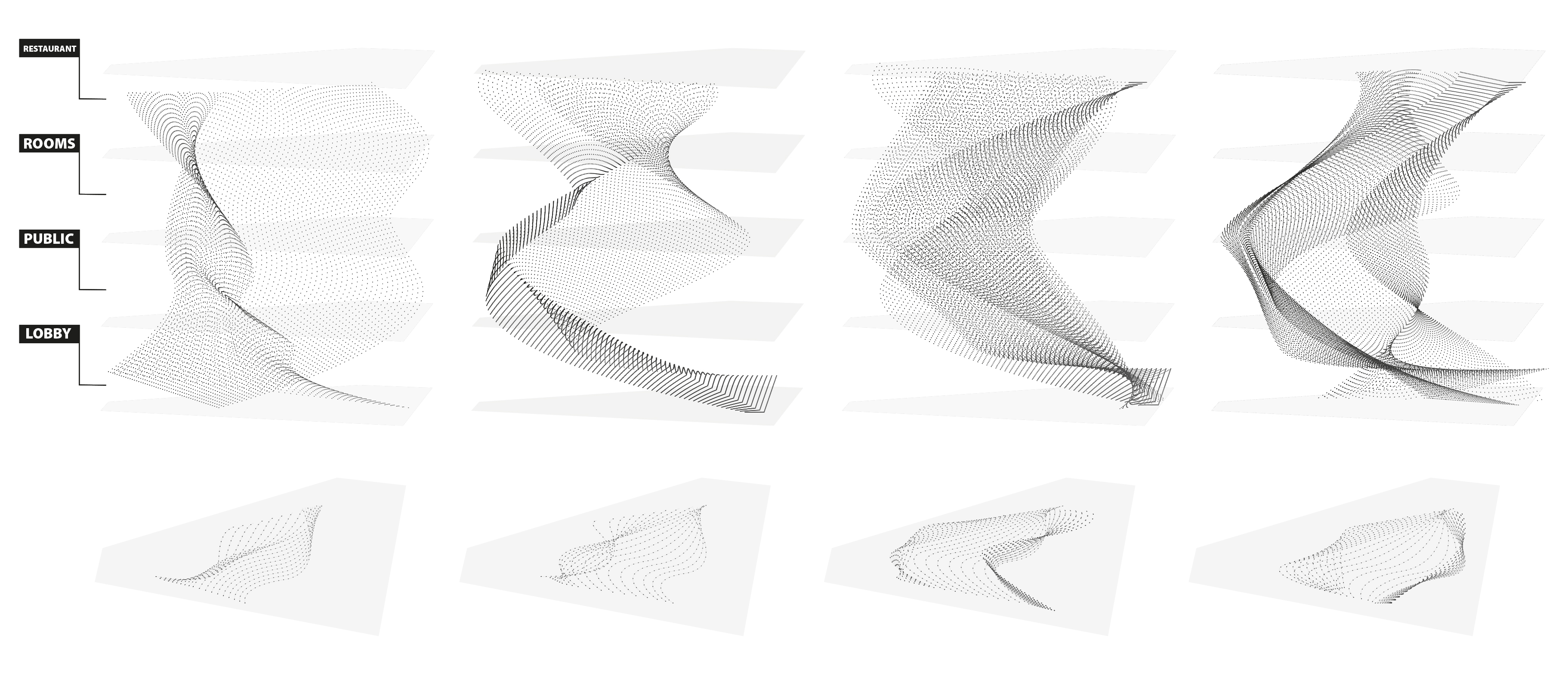 Abstract flock path diagram showing agent movement traces and program zone emergence