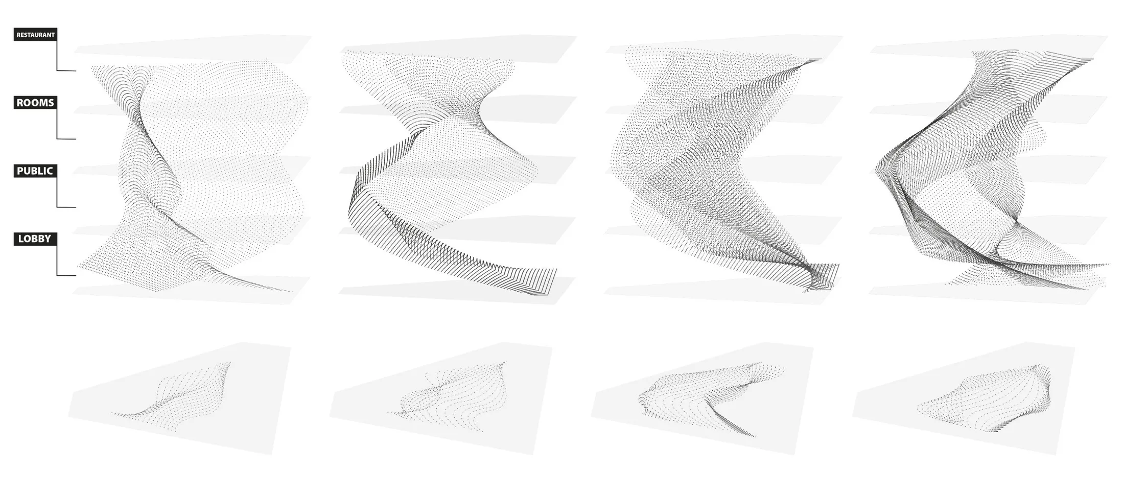 Abstract flock path diagram showing agent movement traces and program zone emergence