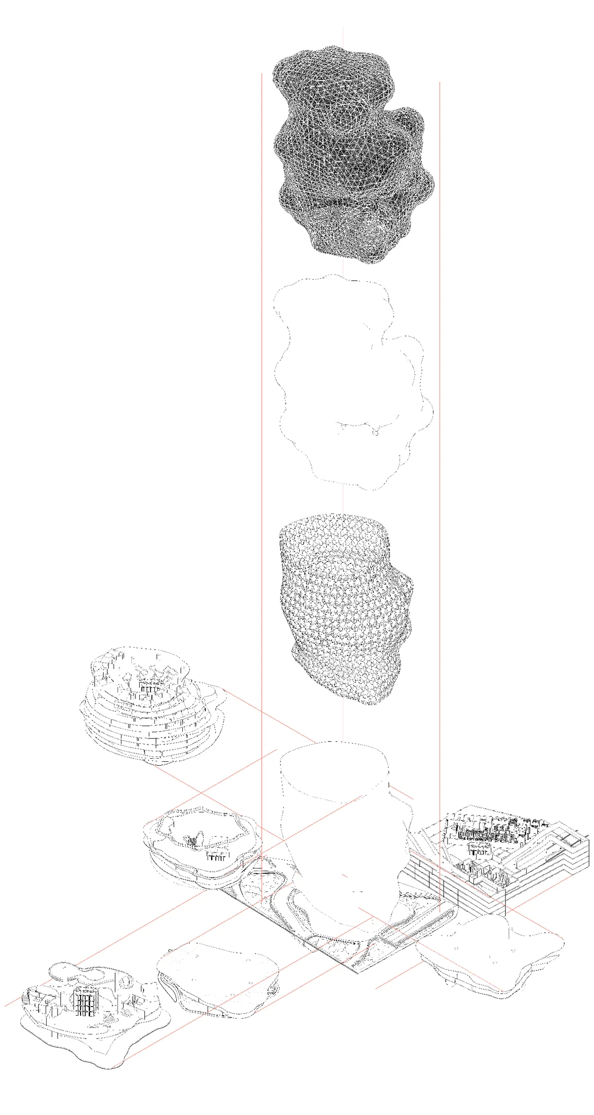 Exploded axonometric diagram of Para Hotel showing all program layers with labels