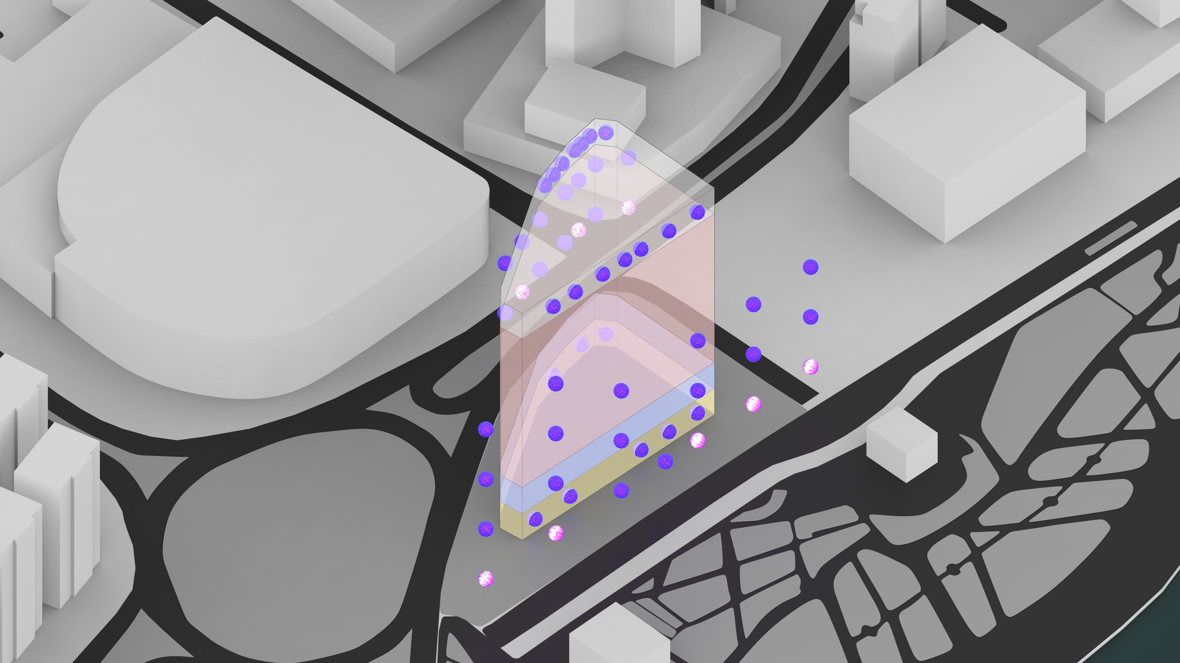 Purple agent interest point spheres distributed around the hotel volume on a city model