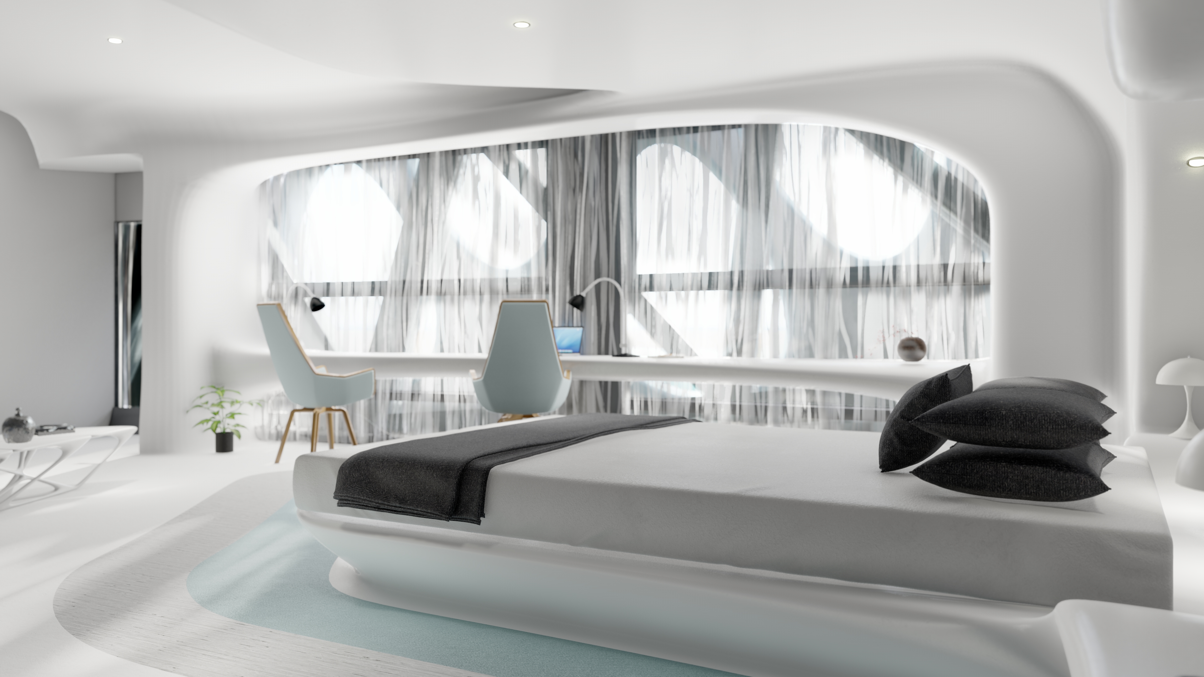 Interior render of hotel room with daylight