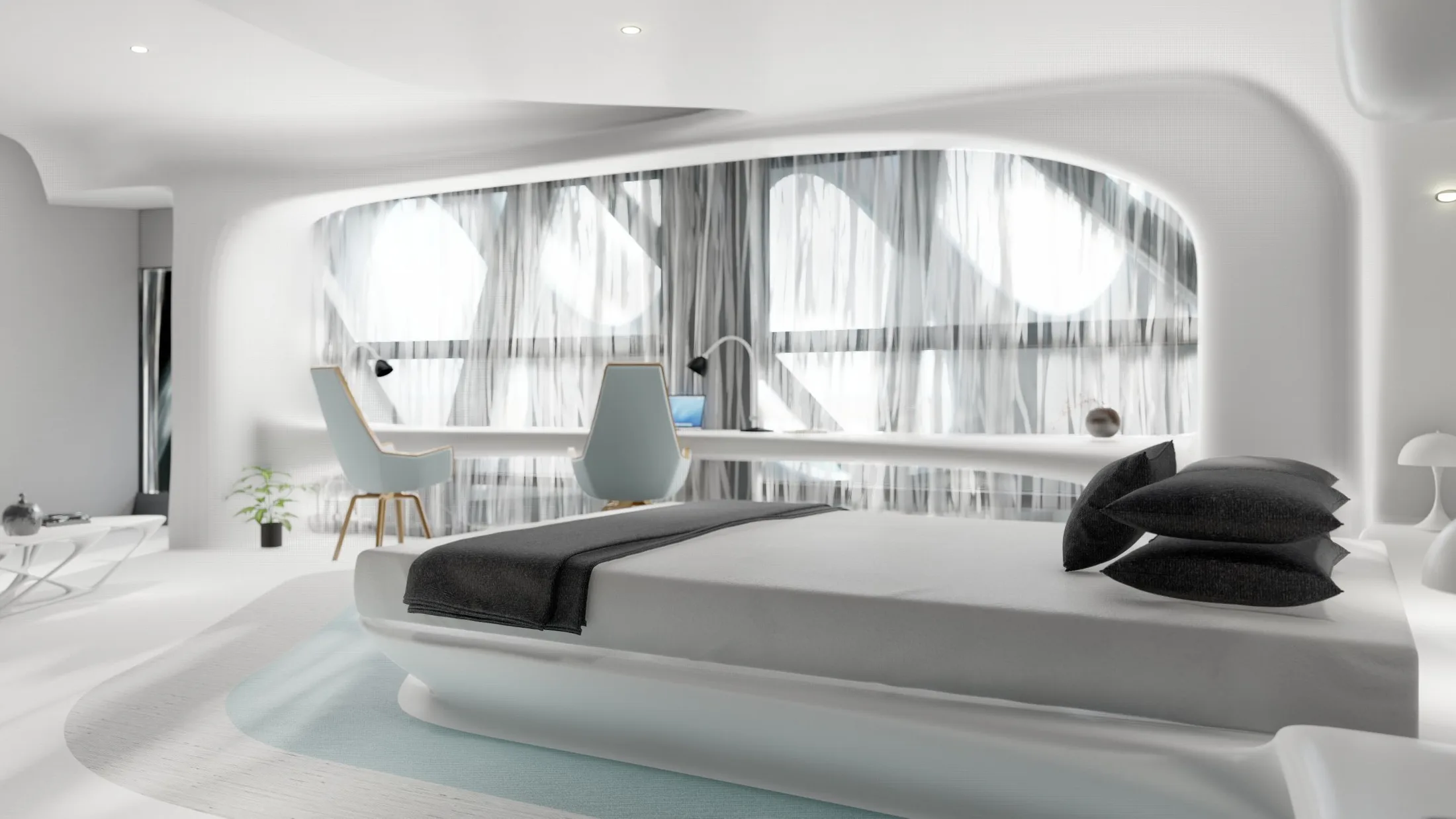 Interior render of hotel room with daylight