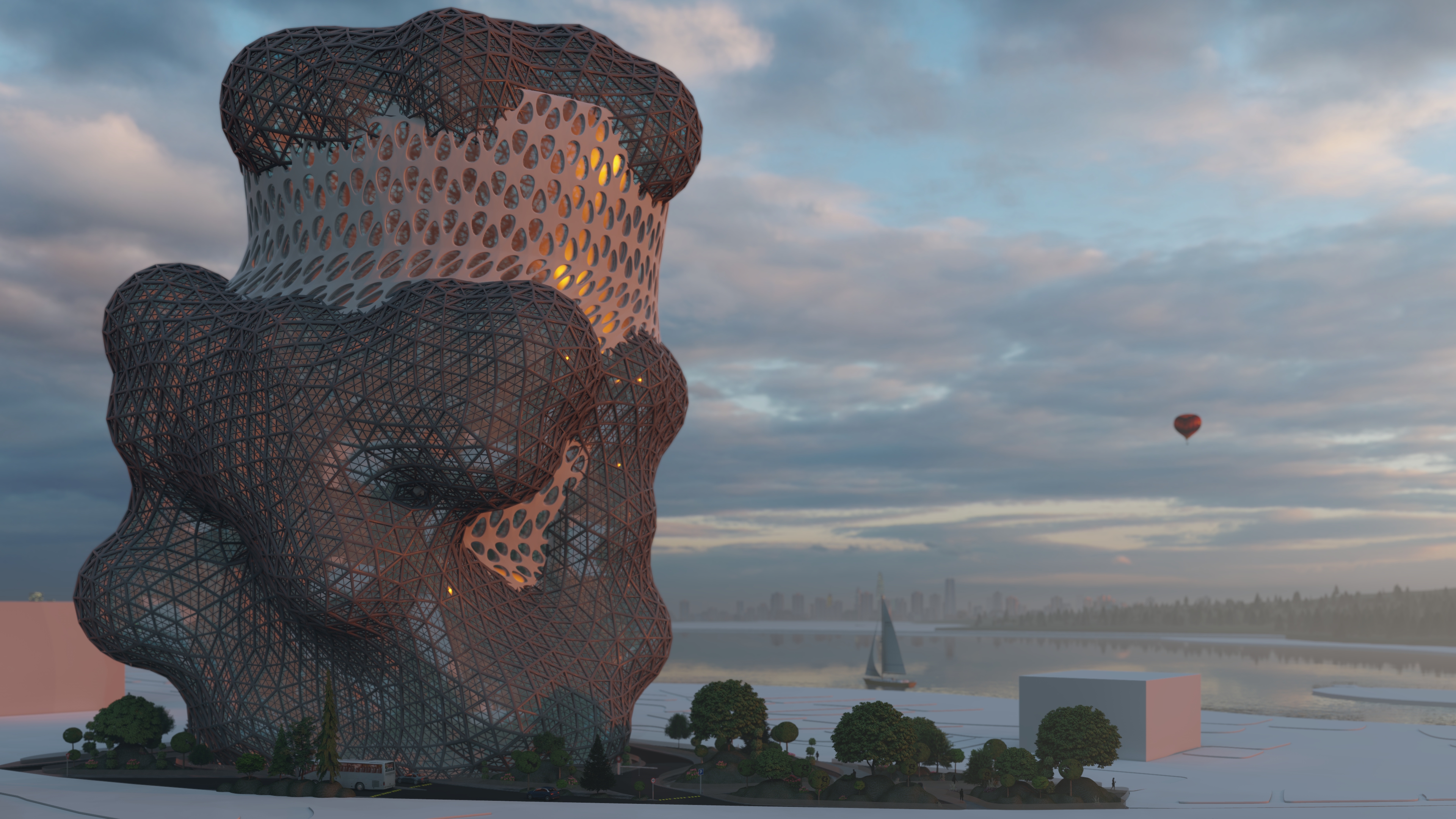 Moody dusk exterior render of Para Hotel showing the organic mesh facade with a figure in the foreground