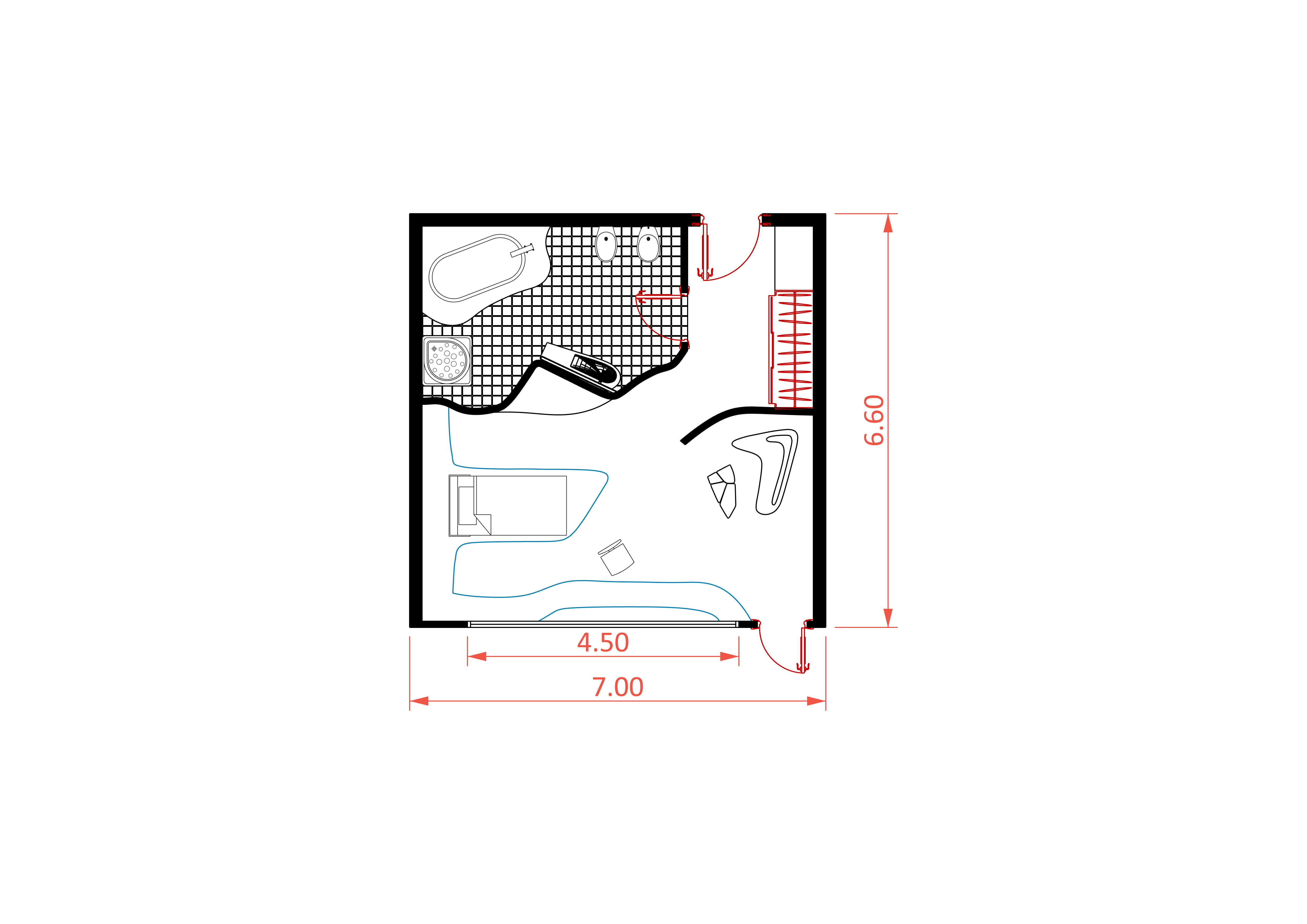 Floor plan of single hotel room