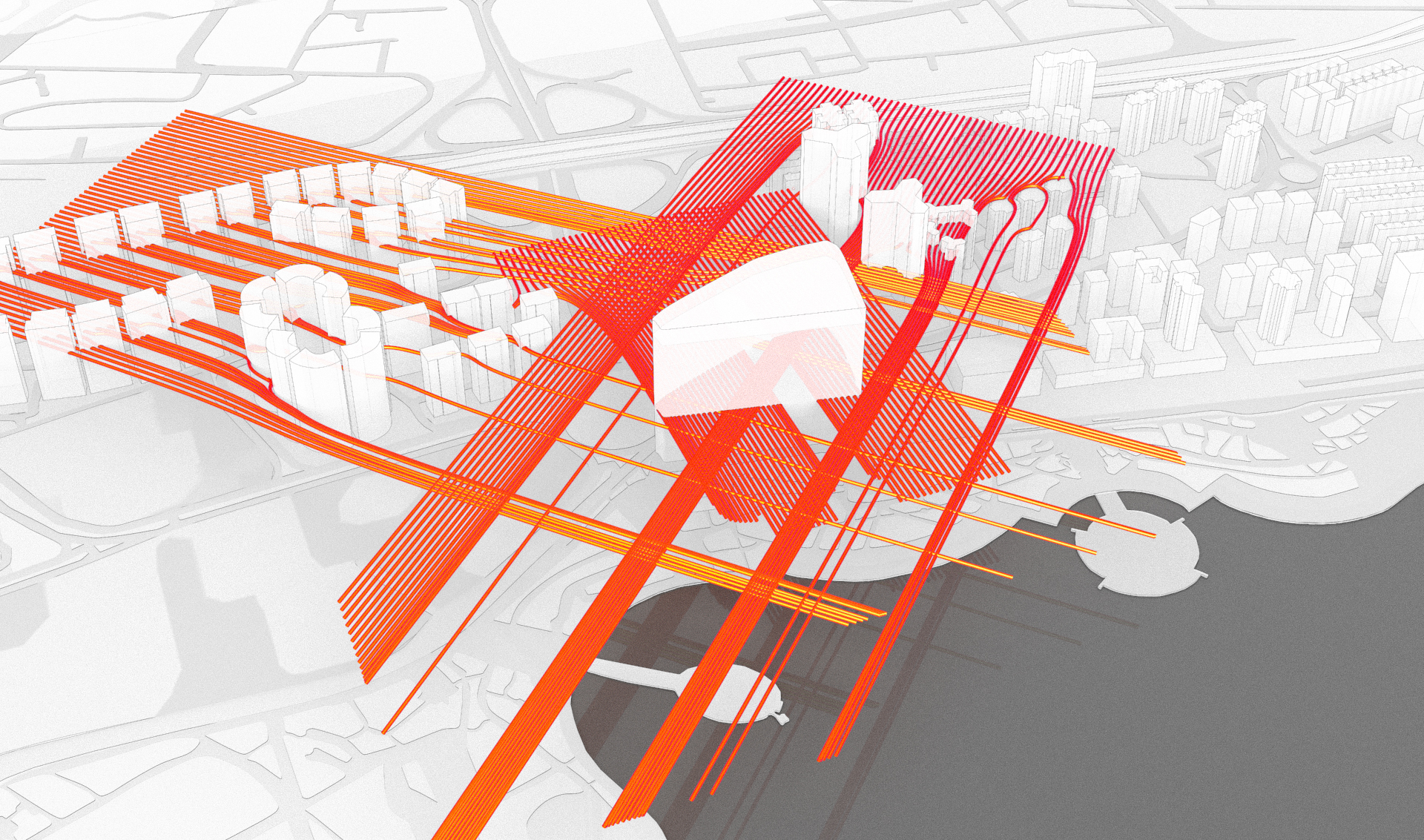Site analysis diagram showing access points and directional vectors in red and orange
