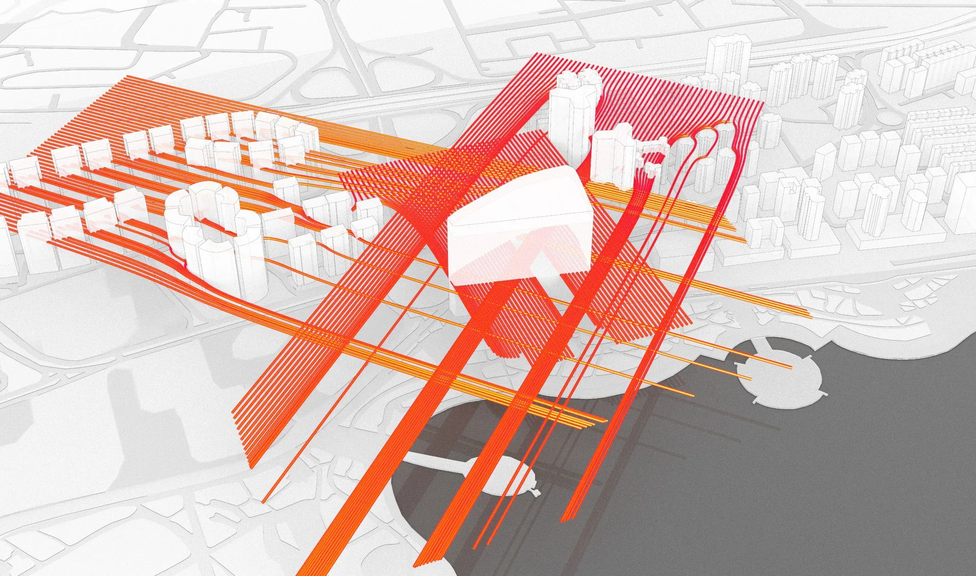 Site analysis diagram showing access points and directional vectors in red and orange
