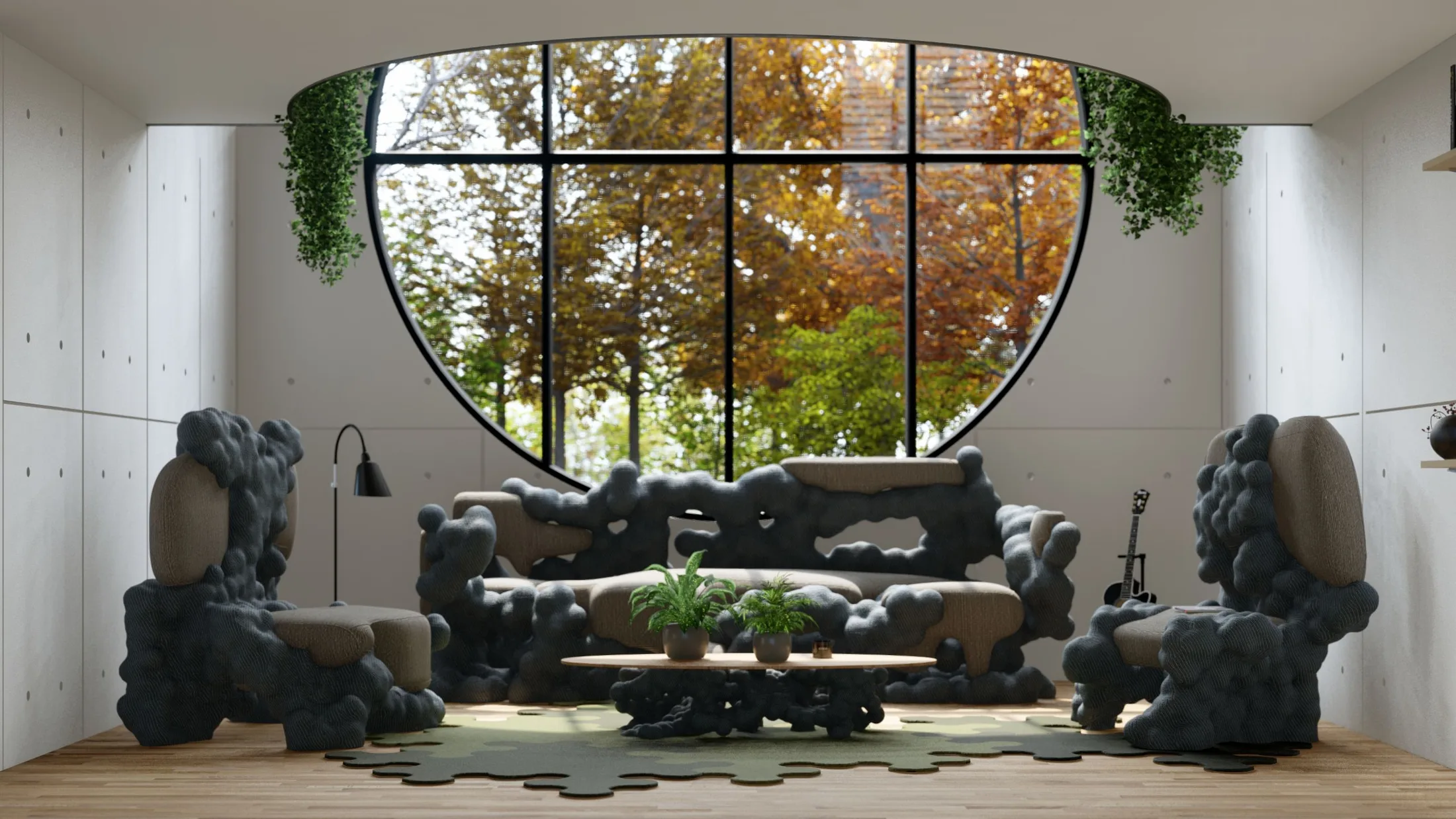Living room with Physo sofa and armchairs beside a circular forest window