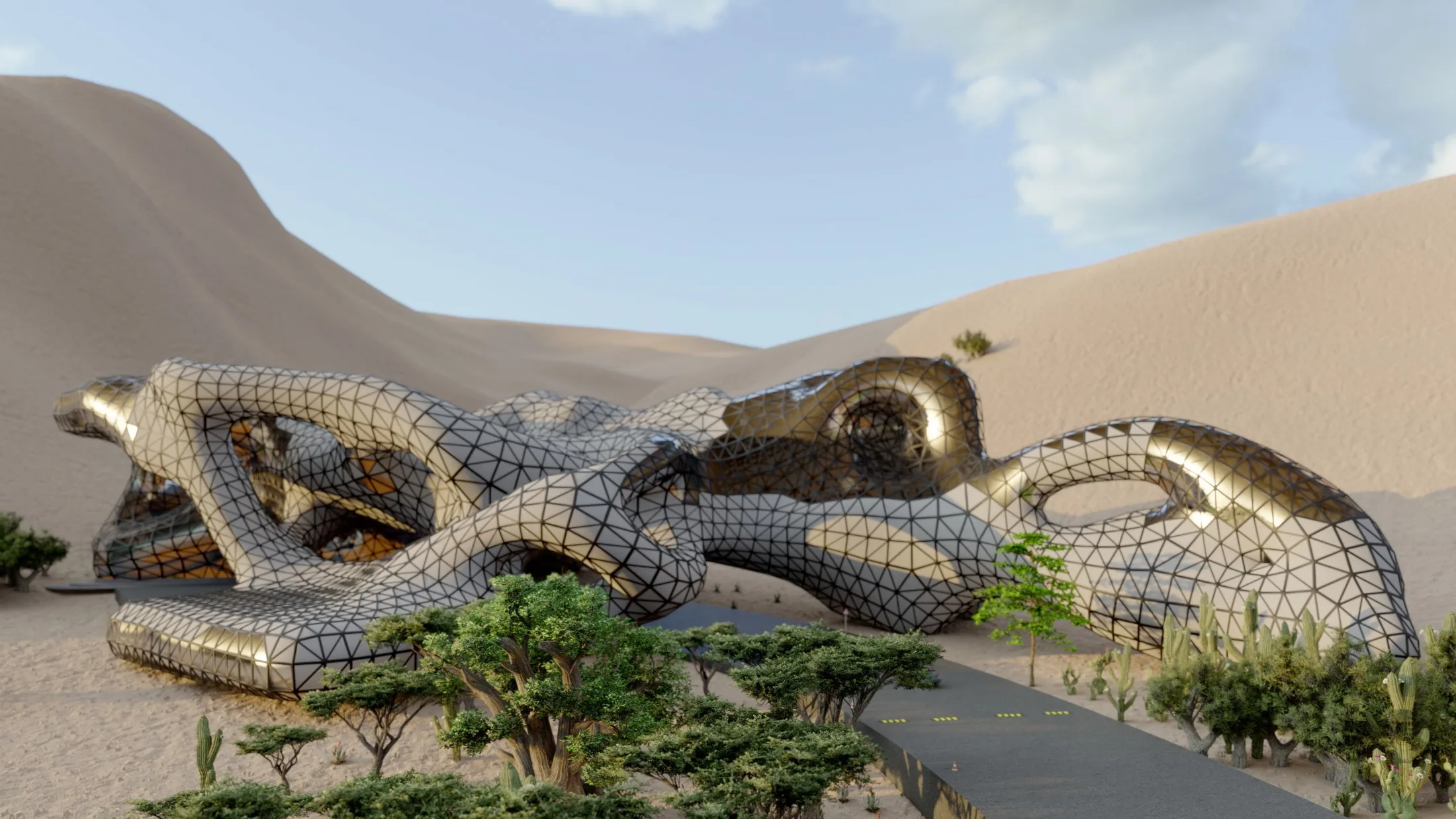 Organic lattice resort nestled among desert dunes