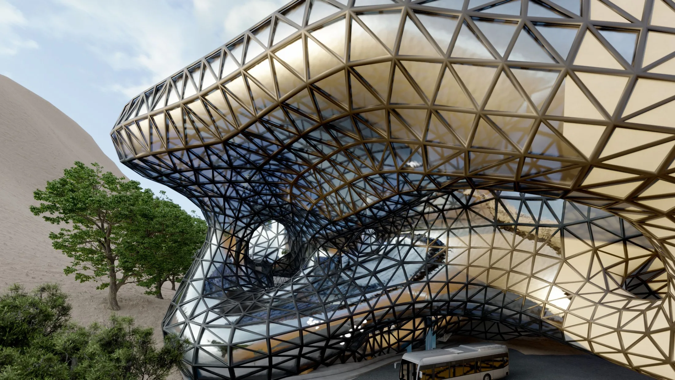 Close-up of triangulated mesh facade